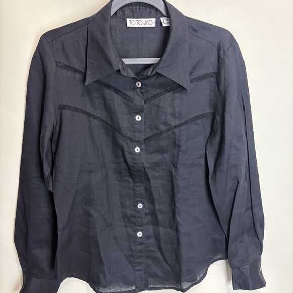 Toto N Ko Tops - Toto N Ko Women’s Black Linen Western Style Button Front Shirt Lace Inset Sz 10